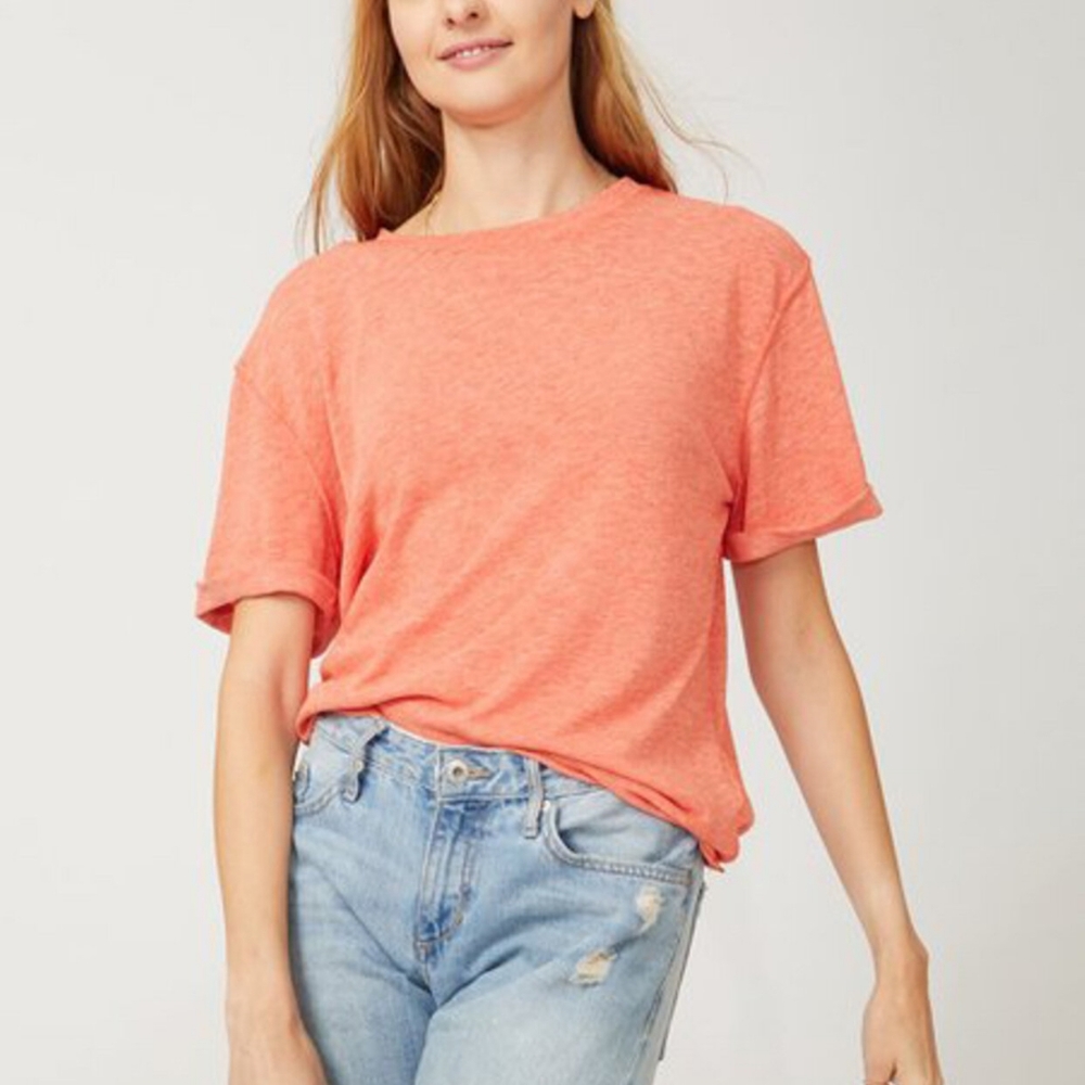 Free People Cassidy Orange Burnout Rolled Sleeve Boxy Fit Short Sleeve T-Shirt - Picture 4 of 5
